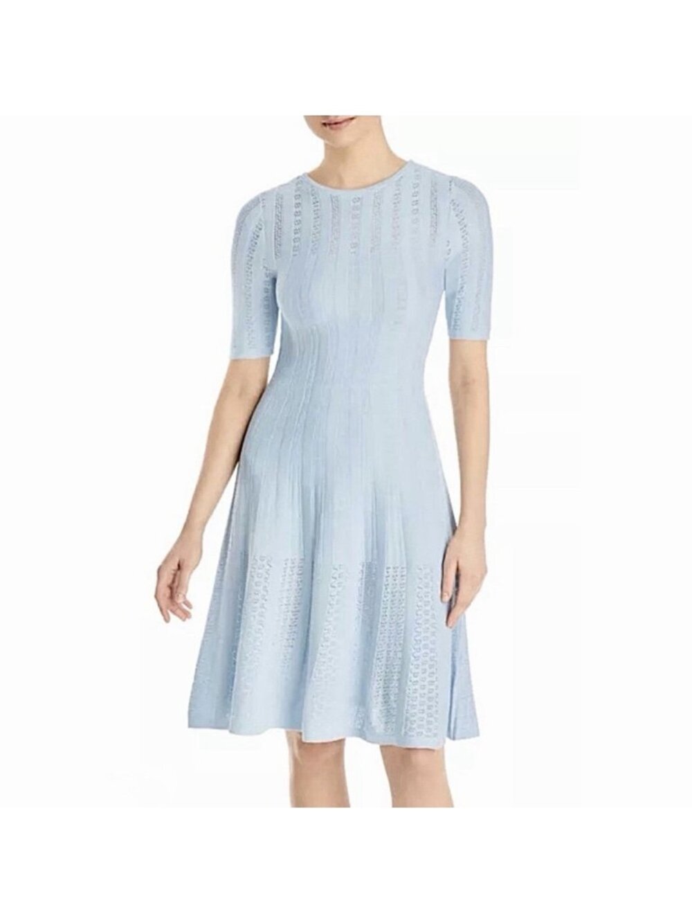 NEW Hugo Boss Light Blue Feli Pointelle Knit Short Sleeve Dress Women’s Sz Small